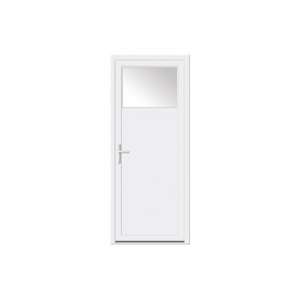 Porte de Service PVC 1 Vantail VEKA Ouvrant à la Française Vitrage Anti-Effraction Oculus 1/4 Haut Sur Mesure