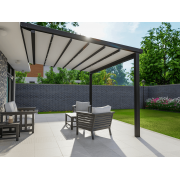 Pergola Toile Rétractable 4m Gris Antracite et Blanc S-Luxe Soltis w96 Ferrari® Adossée Electrique