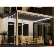 Pergola bioclimatique S3 lames perpendiculaires lumière led maison en L poteau gauche