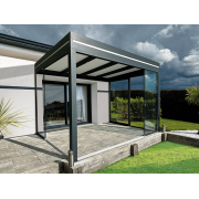  	Pergola Aluminium Toit Plat Panneaux Sandwich 32mm Adossée 4.3x3m avec Spots Led et Vitrages Panoramiques