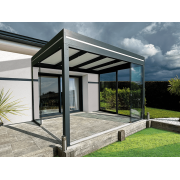  	Pergola Aluminium Toit Plat Panneaux Sandwich 16mm Adossée 4.3x3m avec Spots Led et Vitrages Panoramiques