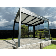 Pergola Aluminium Toit Plat Panneaux Sandwich 32mm Autoportée 4.3x3m avec Spots Led et Vitrages Panoramiques