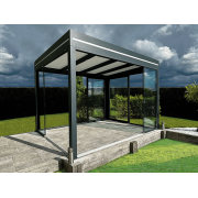  	Pergola Aluminium Toit Plat Panneaux Sandwich 32mm Gris Anthracite 4 Poteaux 4.3x3m Vitrages Panoramiques