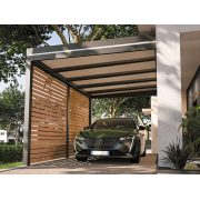 Carport Alu Toit Plat Panneaux Sandwich 32mm Adossé avec Claustras Lames Horizontales