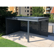 Carport 6m Autoporté avec 2 Poteaux Déportés Toit Plat Panneaux Sandwich 32mm avec Claustras Lames Horirontales Gris Anthracite