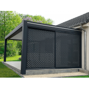 Claustra Gris Anthracite sur Pergola Coulissant 2 Vantaux Tôle Perforée Bulles