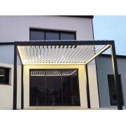 Pergola bioclimatique S3 4x4m lames perpendiculaires autoportée avec lumière led 4 côtés